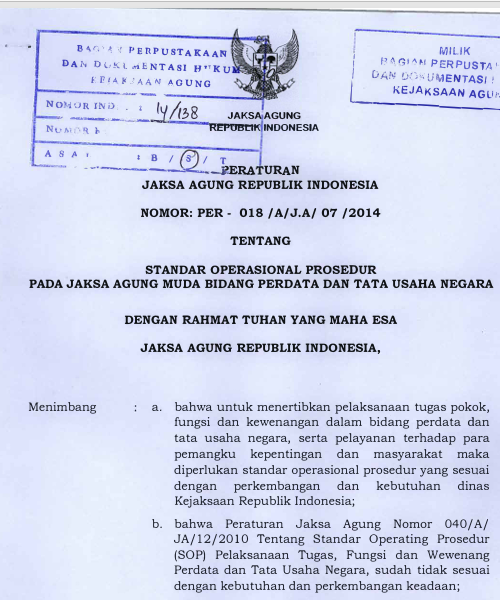 Cover STANDAR OPERASIONAL PROSEDUR PADA JAKSA AGUNG MUDA BIDANG PERDATA DAN TATA USAHA NEGARA