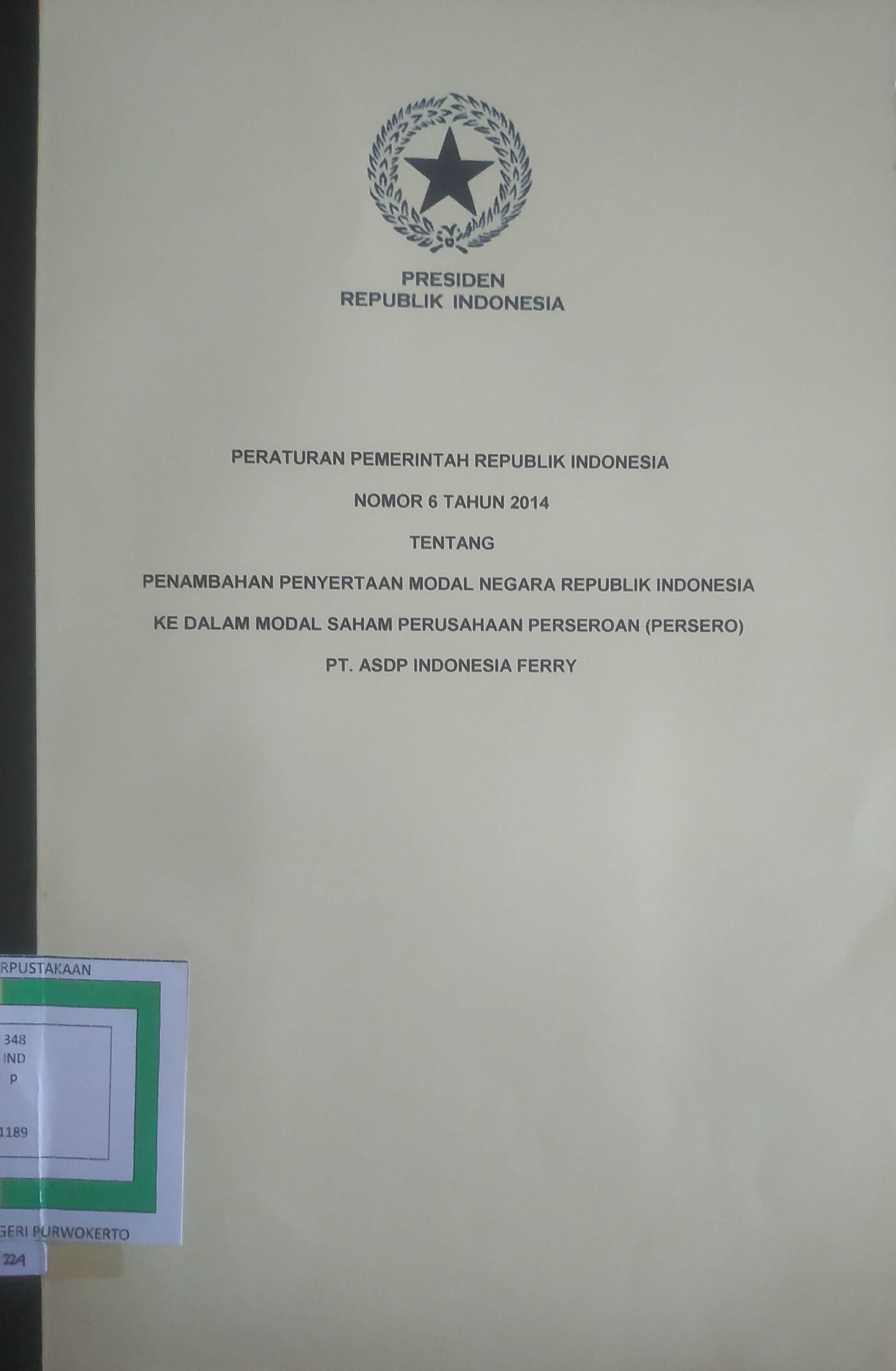 Cover Peraturan Pemerintah Republik Indonesia No. 6 tahun 2014 tentang Penambahan Penyertaan Modal Negara Republik Indonesia Kedalam Saham Perusahaan Perseroan (Persero) PT. ASDP Indonesia Ferry