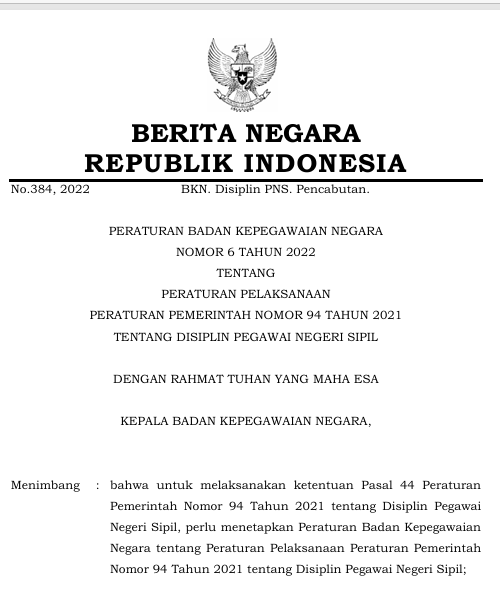 Cover Peraturan Pelaksanaan Peraturan Pemerintah Nomor 94 Tahun 2021 Tentang Disiplin Pegawai Negeri Sipil