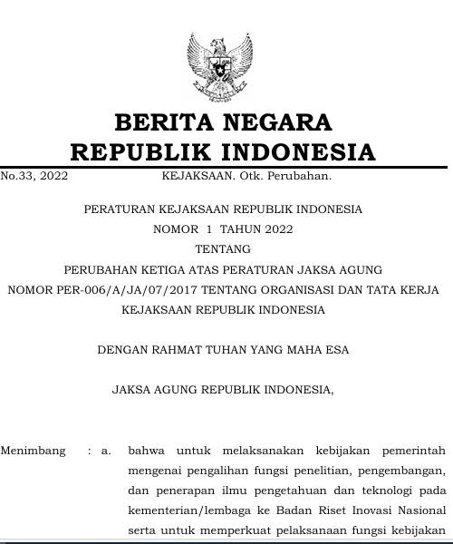 Cover Perubahan Ketiga Atas Peraturan Jaksa Agung Nomor PER-006/A/JA/07/2017 Tentang Organisasi Dan Tata Kerja Kejaksaan Republik Indonesia