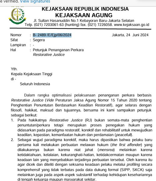 Cover Petunjuk Penanganan Perkara  Restorative Justice 