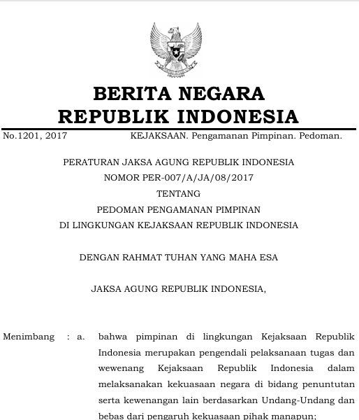 Cover PEDOMAN PENGAMANAN PIMPINAN DI LINGKUNGAN KEJAKSAAN RI