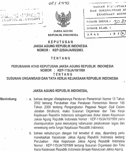 Cover PERUBAHAN ATAS KEPJA NOMOR  KEP-115/J.A/10/1999 TENTANG SUSUNAN ORGANISASI KEJAKSAAN REPUBLIK INDONESIA