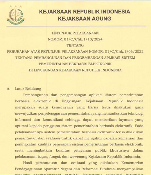 Cover PERUBAHAN ATAS PETUNJUK PELAKSANAAN NOMOR 01-C-Chk.1-06-2022 TENTANG PEMBANGUNAN DAN PENGEMBANGAN APLIKASI SISTEM PEMERINTAHAN BERBASIS ELEKTRONIK DI LINGKUNGAN KEJAKSAAN REPUBLIK INDONESIA