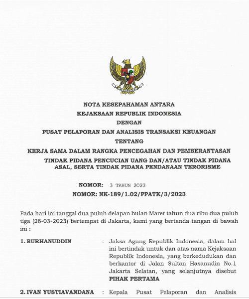 Cover NOTA KESEPAHAMAN ANTARA KEJAKSAAN RI DENGAN PUSAT PELAPORAN DAN ANALISIS TRANSAKSI KEUANGAN TENTANG KERJA SAMA DALAM RANGKA PENCEGAHAN DAN PEMBERANTASAN TPPU