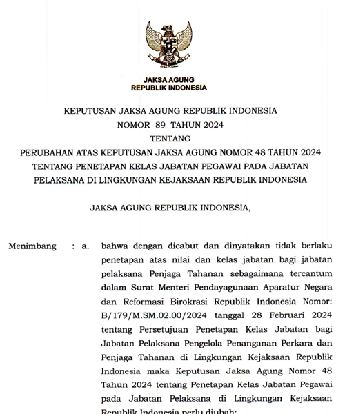 Cover PERUBAHAN ATAS KEPUTUSAN JAKSA AGUNG NOMOR 48 TAHUN 2024 TENTANG PENETAPAN KELAS JABATAN PEGAWAI PADA JABATAN PELAKSANA DI LINGKUNGAN KEJAKSAAN REPUBLIK INDONESIA