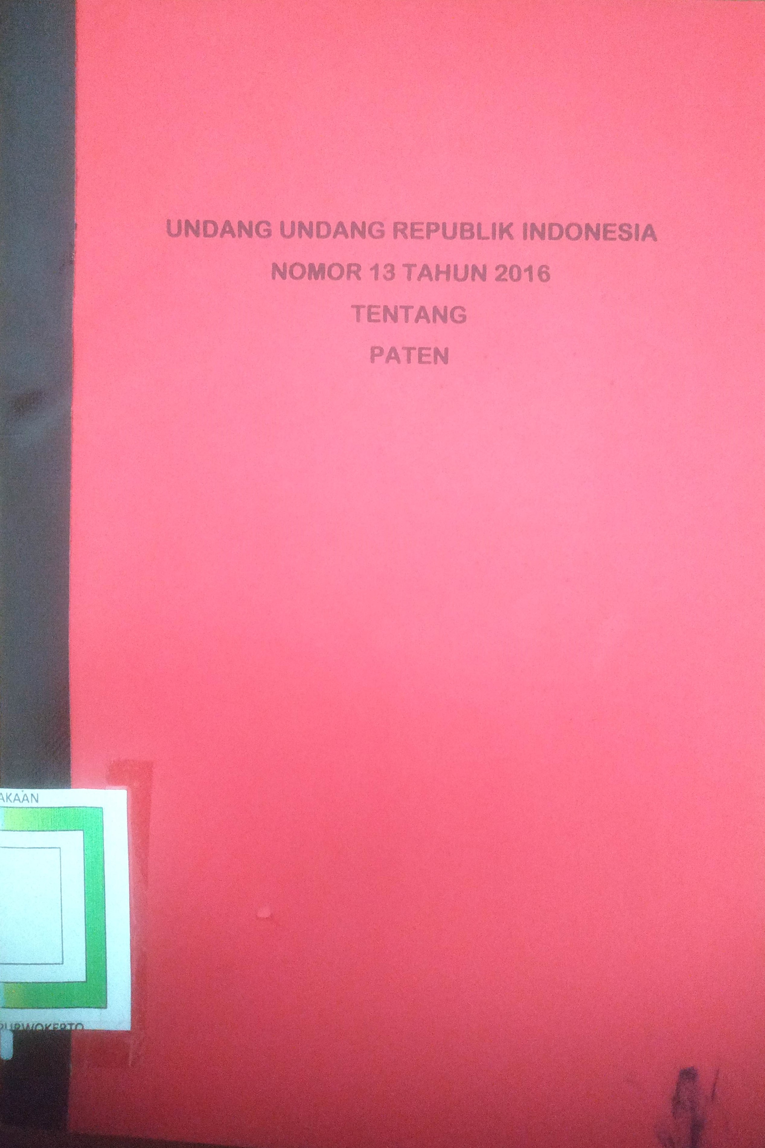 Cover Undang-Undang RI No. 13 Tahun 2016 tetnangPaten