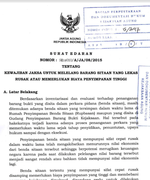 Cover KEWAJIBAN JAKSA UNTUK MELELANG BARANG SITAAN YANG LEKAS RUSAK ATAU MEMERLUKAN BIAYA PENYIMPANAN TINGGI