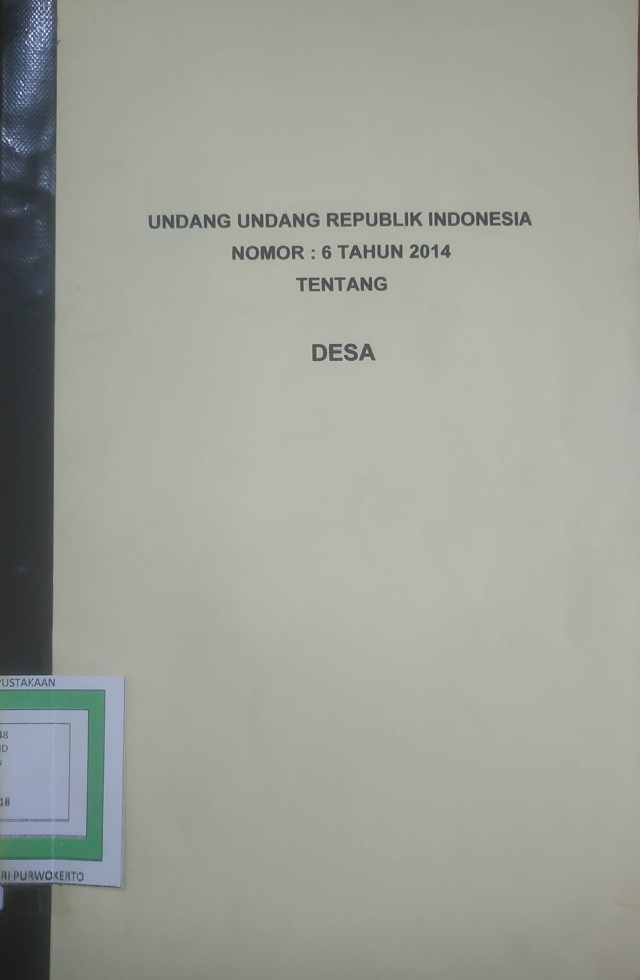Cover Undang undang Republik Indonesia No. 6 tahun 2014 tentang DESA