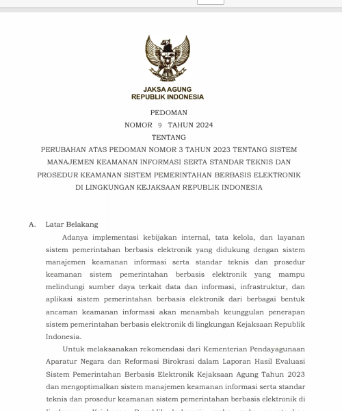 Cover  Perubahan Atas Pedoman Nomor 03 Tahun 2023 Sistem Manajemen Keamanan Informasi Serta Standar Teknis Dan Prosedur Keamanan Sistem Pemerintahan Berbasis Elektronik di Lingkungan Kejaksaan RI