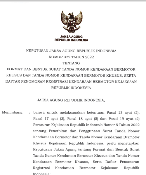 Cover FORMAT DAN BENTUK SURAT TANDA NOMOR KENDARAAN BERMOTOR KHUSUS DAN TANDA NOMOR KENDARAAN BERMOTOR KHUSUS, SERTA DAFTAR PENOMORAN REGISTRASI KENDARAAN BERMOTOR KEJAKSAN REPUBLIK INDONESIA