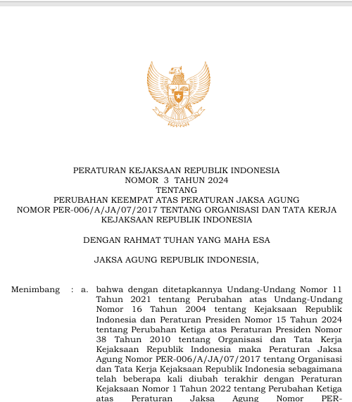 Cover Perubahan Keempat Atas Peraturan Jaksa Agung Nomor PER-006/A/JA/04/2017 Tentang Organisasi dan Tata kerja Kejaksaan Republik Indonesia