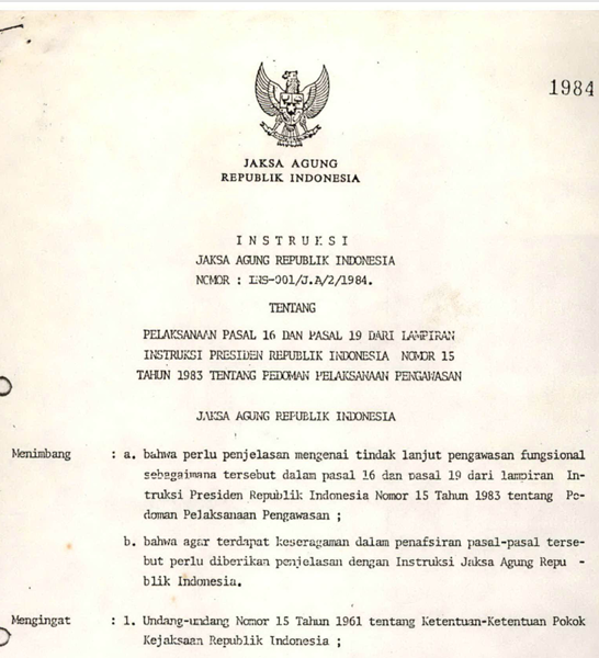 Cover PELAKSANAAN PASAL 16 DAN PASAL 19 DARI LAMPIRAN INSTRUKSI PRESIDEN REPUBLIK INDONESIA NOMOR 15 TAHUN 1983 TENTANG PEDOMAN PELAKSAAN PENGAWASAN