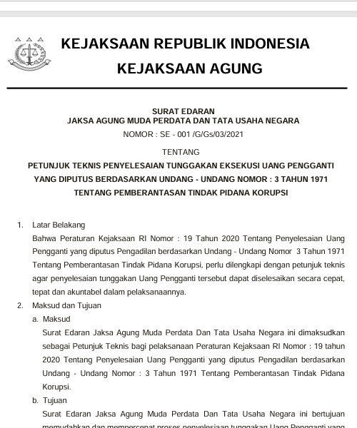 Cover PETUNJUK TEKNIS PENYELESAIAN TUNGGAKAN EKSEKUSI UANG PENGGANTI YANG DIPUTUS BERDASARKAN UU NOMOR 3 TAHUN 1971 TENTANG PEMBERANTASAN TINDAK PIDANA KORUPSI