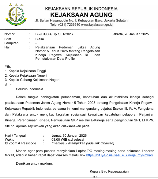 Cover PELAKSANAAN PEDOMAN JAKSA AGUNG NOMOR 5 TAHUN 2025 TENTANG PENGELOLAAN KINERJA PEGAWAI KEJAKSAAN RI DAN PEMUTAKHIRAN DATA PROFILE