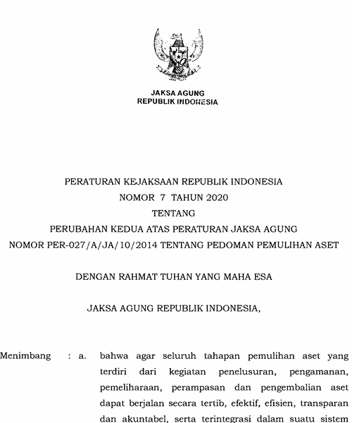 Cover Perubahan Kedua Atas Peraturan Jaksa Agung Nomor PER-027/A/JA/10/2014 Tentang Pedoman Pemulihan Aset