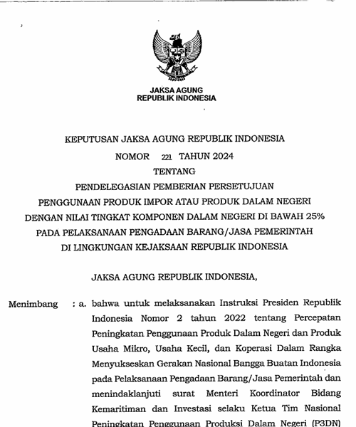 Cover PENDELEGASIAN PEMBERIAN PERSETUJUAN PENGGUNAAN PRODUK IMPOR ATAU PRODUK DALAM NEGERI DENGAN NILAI TINGKAT KOMPONEN DALAM NEGERI DI BAWAH 25 PERSEN