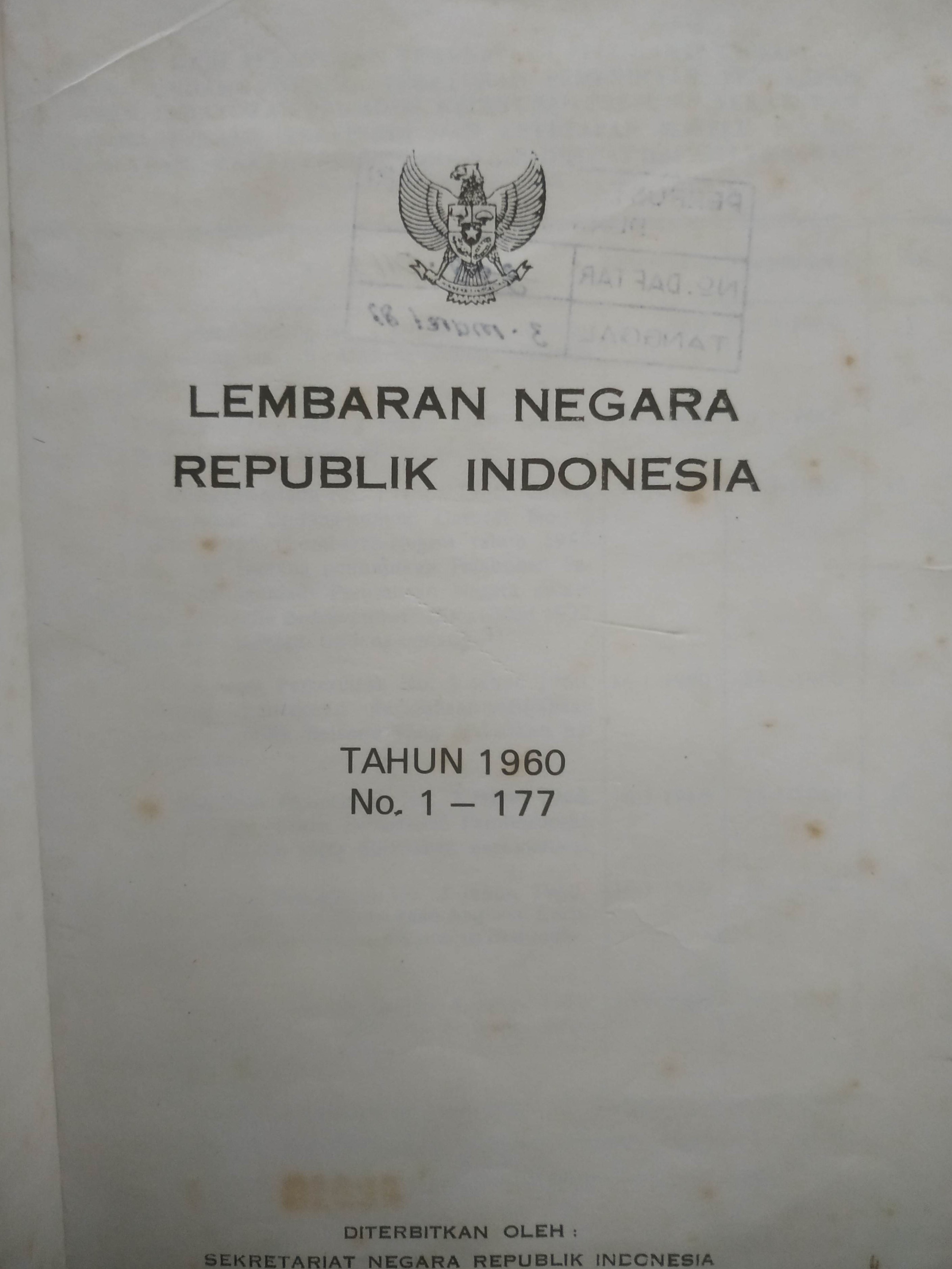 Cover Lembaran Negara Republik Indonesia Tahun 1960 No. 1 – 177