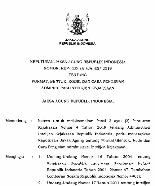 Cover FORMAT BENTUK KODE DAN CARA PENGISIAN ADMINISTRASI INTELIJEN KEJAKSAAN PELASKANAAN PERATURAN KEJAKSAAN NOMOR 4 TAHUN 2019