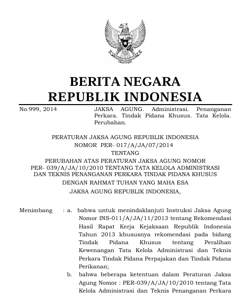 Cover PERUBAHAN ATAS PERJA NOMOR PER-039/A/JA/10/2010 TENTANG TATA KELOLA ADMINISTRASI DAN TEKNIS PENANGANAN PERKARA TINDAK PIDANA KHUSUS