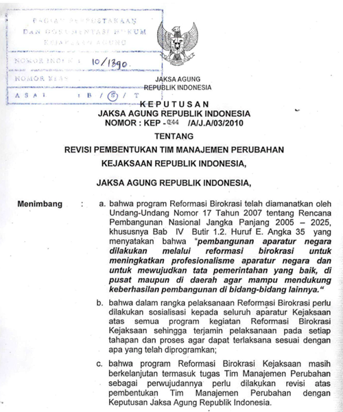 Cover REVISI PEMBENTUKAN TIM MANAJEMEN PERUBAHAN KEJAKSAAN REPUBLIK INDONESIA