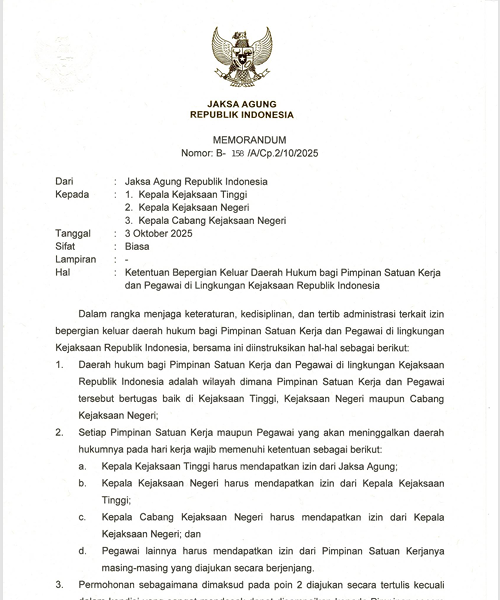 Cover Ketentuan Bepergian Keluar Wilayah Hukum Bagi Pimpinan Satuan Kerja dan Pegawai di Lingkungan Kejaksaan RI