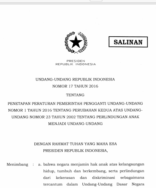 Cover PENETAPAN PERATURAN PEMERINTAH PENGGANTI UNDANG-UNDANG NOMOR 1 TAHUN 2016 TENTANG PERUBAHAN KEDUA ATAS UNDANG-UNDANG NOMOR 23 TAHUN 2002 TENTANG PERLINDUNGAN ANAK MENJADI UNDANG-UNDANG