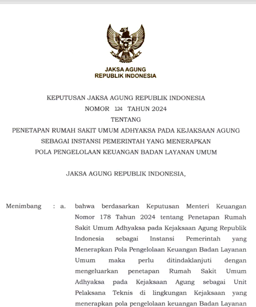 Cover PENETAPAN RUMAH SAKIT UMUM ADHYAKSA PADA KEJAKSAAN AGUNG SEBAGAI INSTANSI PEMERINTAH YANG MENERAPKAN POLA PENGELOLAAN KEUANGAN BADAN LAYANAN UMUM