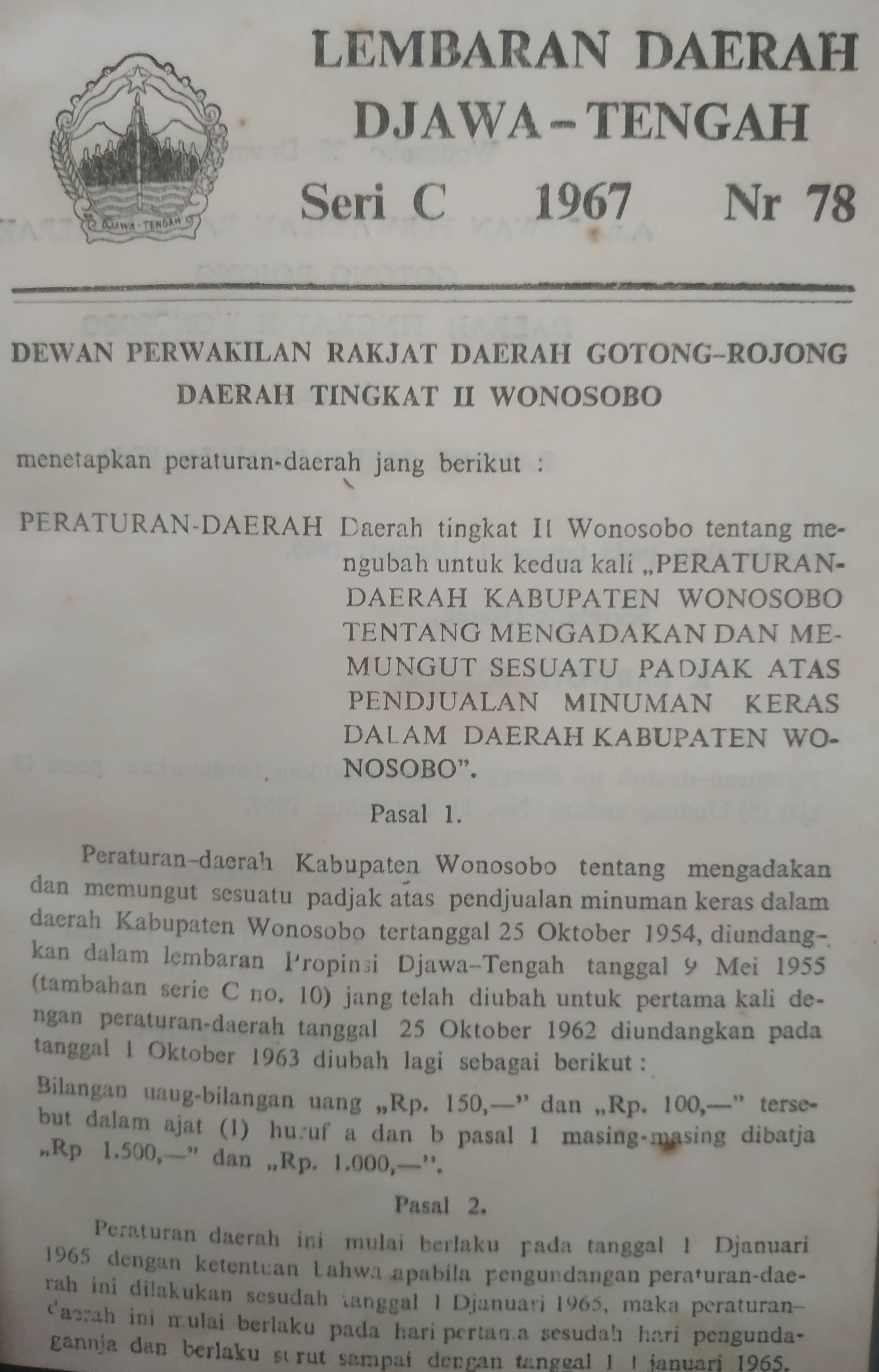 Cover Lembaran Daerah Jawa Tengah
Tahun 1967 Seri C No.78
