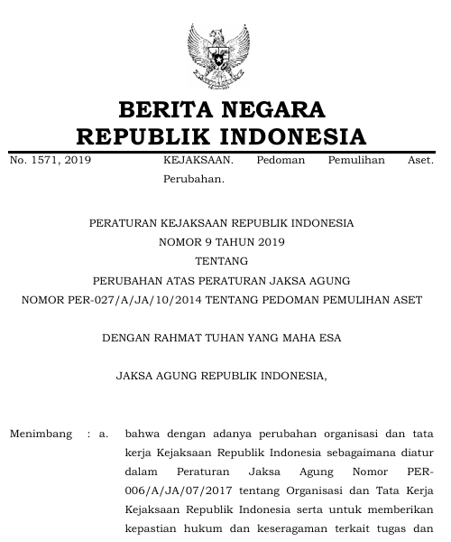 Cover Perubahan Atas Peraturan Jaksa Agung Nomor PER-027/A/JA/10/2019 Tentang Pedoman Pemulihan Aset