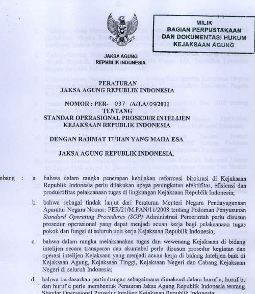 Cover STANDAR OPERASIONAL PROSEDUR INTELIJEN KEJAKSAAN REPUBLIK INDONESIA