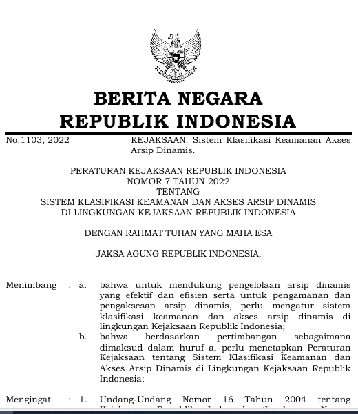 Cover Sistem Klasifikasi Keamanan Dan Akses Arsip Dinamis Di Lingkungan Kejaksaan Republik Indonesia