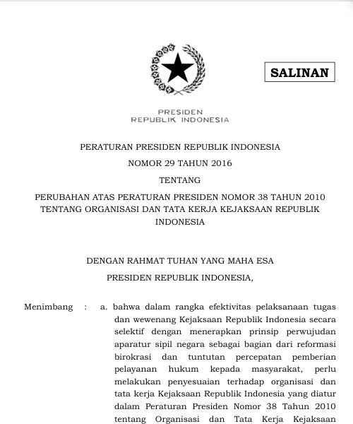 Cover PERUBAHAN ATAS PERATURAN PRESIDEN NOMOR 38 TAHUN 2010 TENTANG ORGANISASI DAN TATA KERJA KEJAKSAAN REPUBLIK INDONESIA