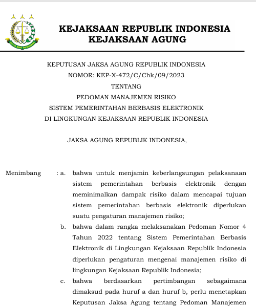 Cover PEDOMAN MANAJEMEN RISIKO SISTEM PEMERINTAHAN BERBASIS ELEKTRONIK DI LINGKUNGAN KEJAKSAAN REPUBLIK INDONESIA