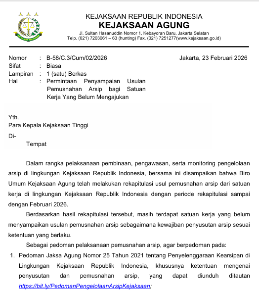 Cover Permintaan Penyampaian Usulan Pemusnahan Arsip bagi Satuan Kerja yang Belum Mengajukan