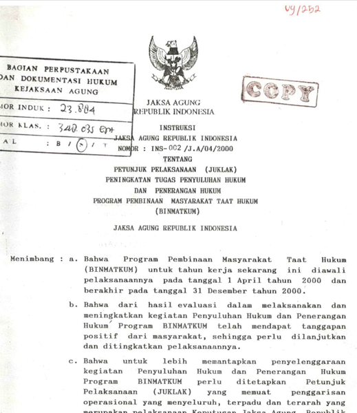 Cover PETUNJUK PELAKSANAAN (JUKLAK)PENINGKATAN TUGAS PENYULUHAN HUKUM DAN PENERANGAN HUKUM PROGRAM PEMBINAAN MASYARAKAT TAAT HUKUM (BINMATKUM)