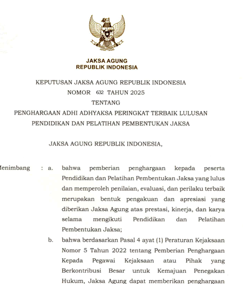 Cover PENGHARGAAN ADHI ADHYAKSA PERINGKAT TERBAIK LULUSAN PENDIDIKAN DAN PELATIHAN PEMBENTUKAN JAKSA