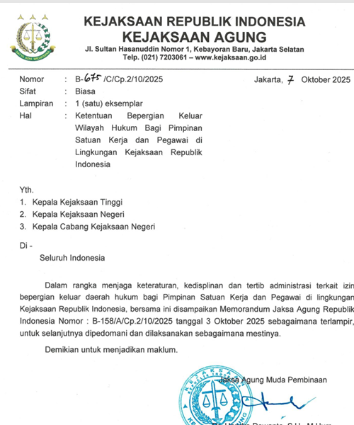 Cover KETENTUAN BEPERGIAN KELUAR WILAYAH HUKUM BAGI PIMPINAN SATUAN KERJA DAN PEGAWAI DI LINGKUNGAN KEJAKSAAN RI