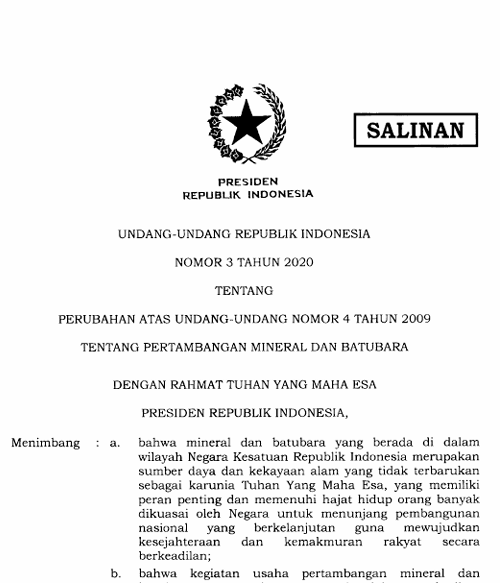 Cover Perubahan atas Undang-Undang Nomor 4 Tahun 2009 tentang Pertambangan Mineral dan Batubara