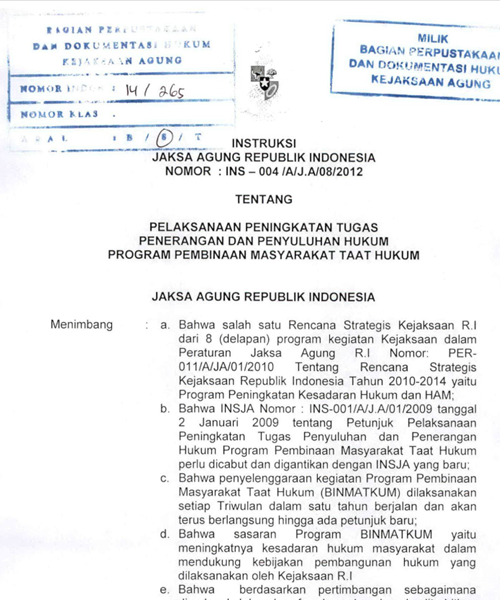 Cover PELAKSANAAN PENINGKATAN TUGAS PENERANGAN DAN PENYULUHAN HUKUM PROGRAM PEMBINAAN MASYARAKAT TAAT HUKUM