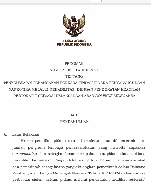 Cover Penyelesaian Penanganan Perkara Tindak Pidana Penyalahgunaan Narkotika Melalui Rehabilitasi Dengan Pendekatan Keadilan Restoratif Sebagai Pelaksanaan Asas Dominus Litis Jaksa