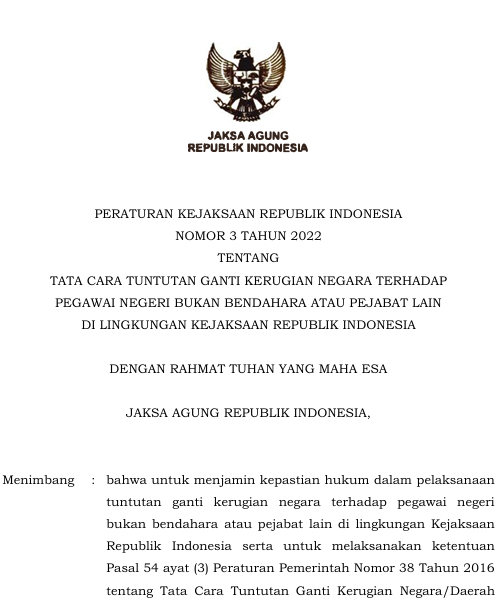 Cover Tata Cara Tuntutan Ganti Kerugian Negara Terhadap Pegawai Negeri Bukan Bendahara Atau Pejabat Lain di Lingkungan Kejaksaan Republik Indonesia