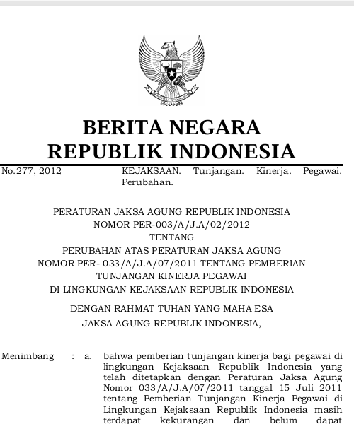 Cover PERUBAHAN ATAS PERATURAN JAKSA AGUNG NOMOR  PER-033-A-J.A-07-2011 TENTANG PEMBERIAN TUNJANGAN KINERJA PEGAWAI DI LINGKUNGAN KEJAKSAAN REPUBLIK INDONESIA