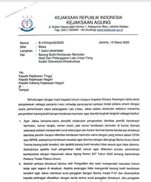 Cover BARANG BUKTI KENDARAAN BERMOTOR HASIL DARI PELANGGARAN LALU LINTAS YANG SUDAH DALUWARSA EKSEKUSINYA_MARET