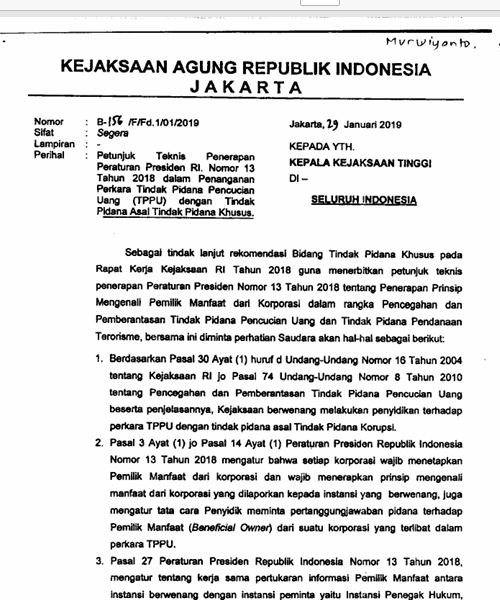 Cover PETUNJUK TEKNIS PENERAPAN PERTURAN PRESIDEN RI NOMOR 13 TAHUN 2018 DALAM PENANGANAN PERKARA TINDAK PIDANA PENCUCIAN UANG DENGAN TINDAK PIDANA ASAL TINDAK PIDANA KHUSUS