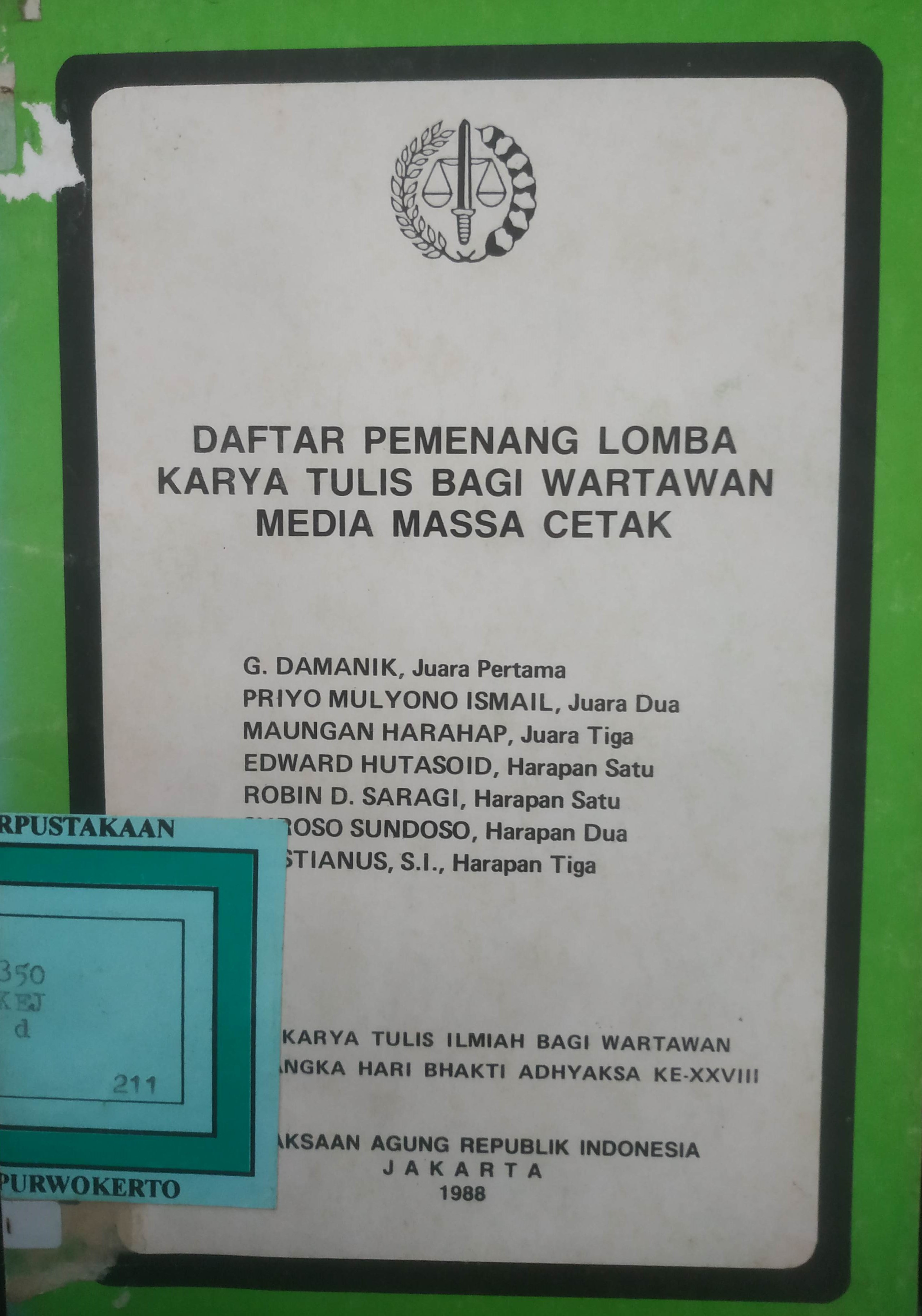 Cover Daftar Pemenang Lomba Karya Tulis bagi Wartawan Media Massa Cetak.