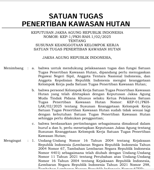 Cover SUSUNAN KEANGGOTAAN KELOMPOK KERJA SATUAN TUGAS PENERTIBAN KAWASAN HUTAN