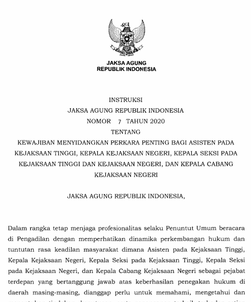 Cover KEWAJIBAN MENYIDANGKAN PERKARA PENTING BAGI ASISTEN PADA KEJAKSAAN TINGGI, KEPALA KEJAKSAAN NEGERI, KEPALA SEKSI PADA KEJAKSAAN TINGGI DAN KEJAKSAAN NEGERI, DAN KEPALA CABANG KEJAKSAAN NEGERI