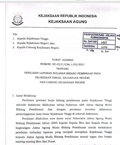 Cover Penilaian Laporan Bulanan Bidang Pembinaan Pada Kejaksaan Tinggi, Kejaksaan Negeri dan Cabang Kejaksaan Negeri