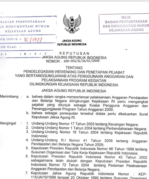 Cover PENDELEGASIAN WEWENANG DAN PENETAPAN PEJABAT YANG BERTANGGUNGJAWAB ATAS PENGGUNAAN ANGGARAN DAN PELAKSANAAN PROGRAM KEGIATAN DI LINGKUNGAN KEJAKSAAN REPUBLIK INDONESIA